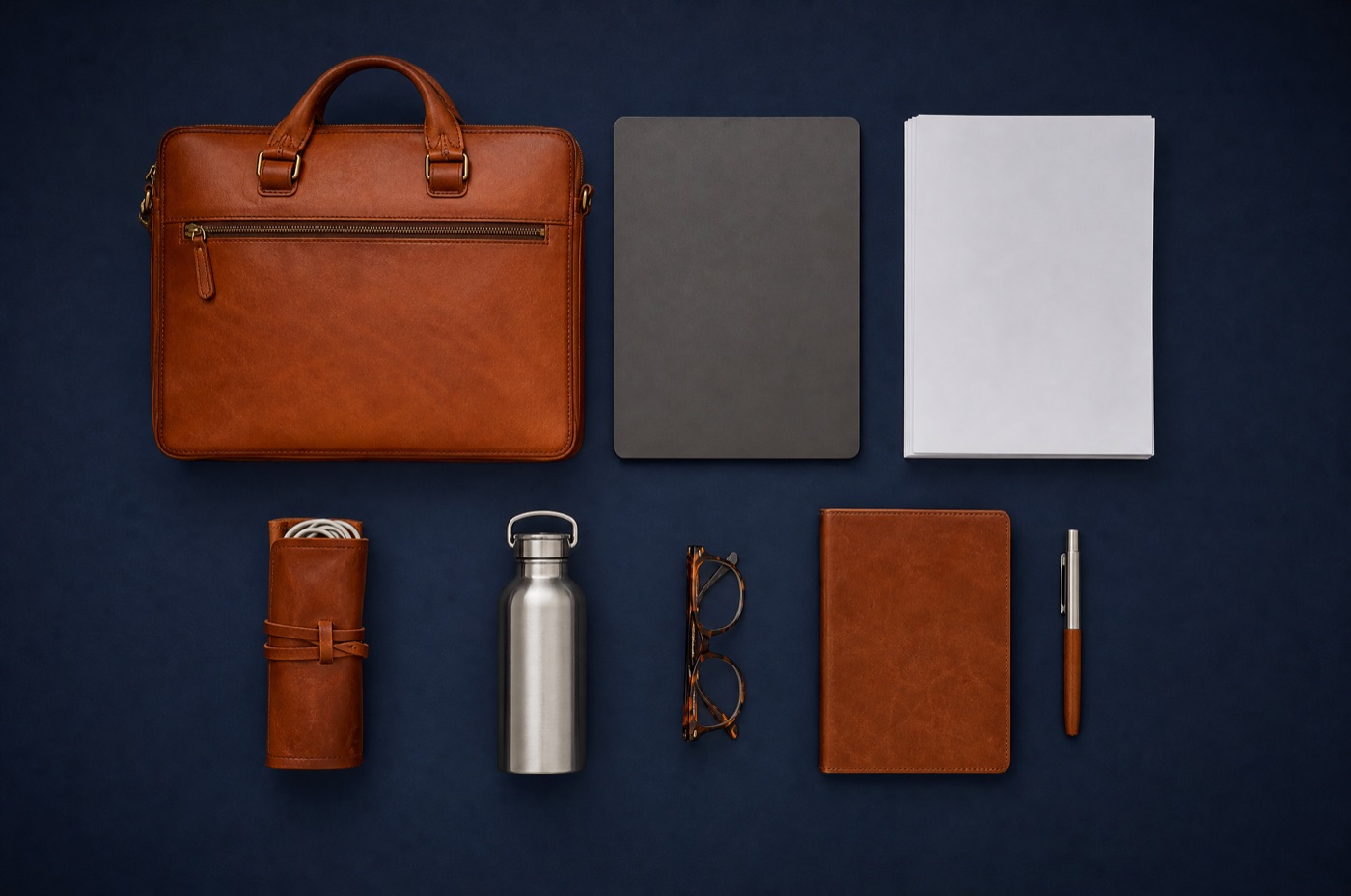 One working day's carry laid out on a grid: briefcase, blank device slab, papers, cable roll, bottle, glasses, notebook and pen